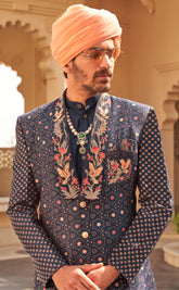 Exclusive latest Royal Blue designer mens indowestern sherwani kurta in pure pv silk and foil print patola inspired with handwork.